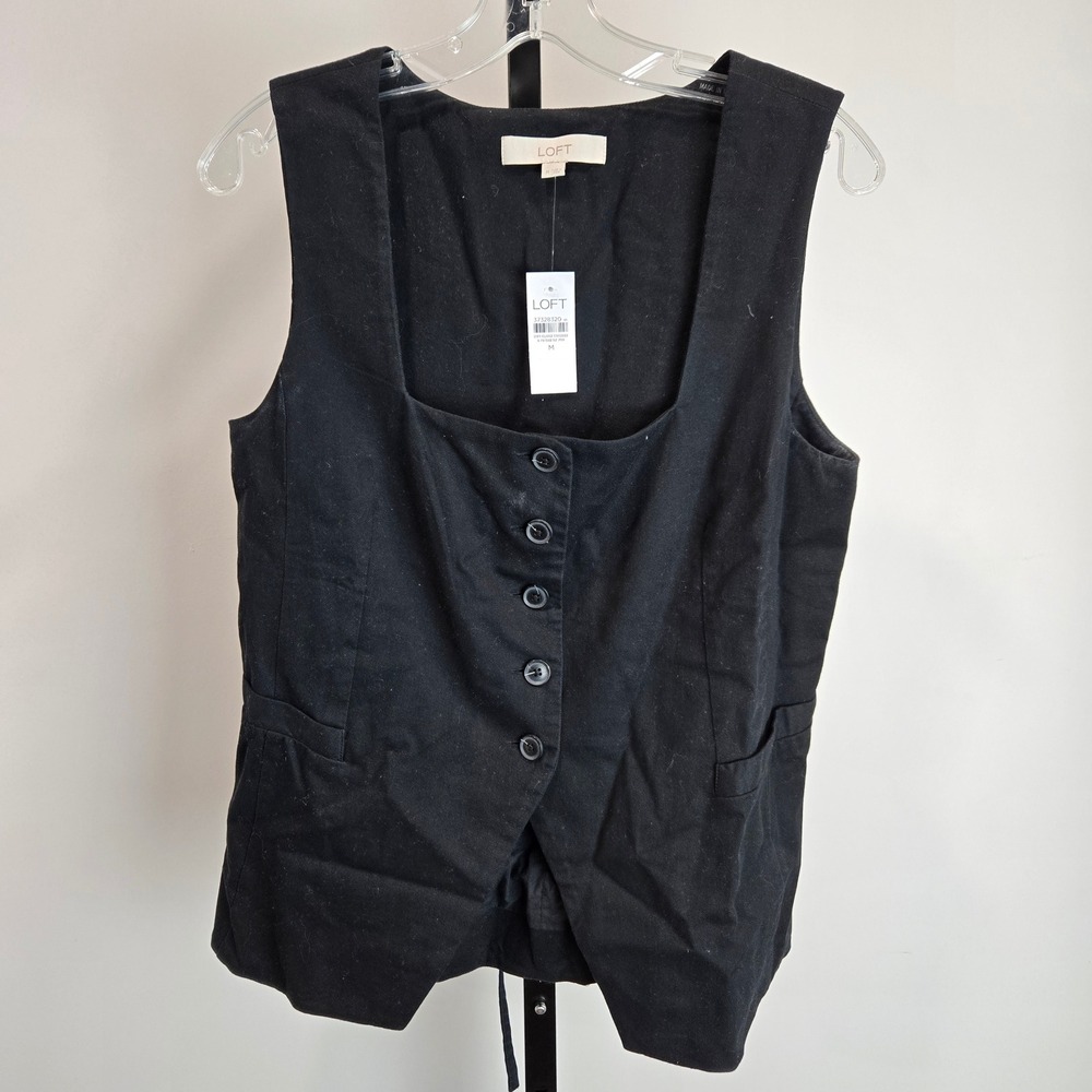 LOFT Womens Black Square Neck Button Front Waistcoat Vest Tank Top Medium NWT